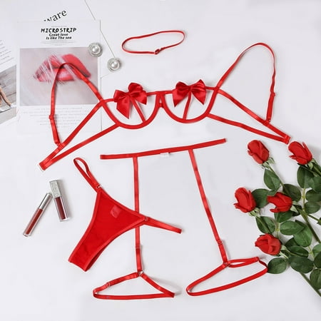 (2-Pack) Puawkoer Lingerie Steel Lace Pajamas Push Up Bras for Women Lace Set Sleepwear Underwear Garter Fashion Women Lingerie Set with Garter Lace Sexy Ring Compact D