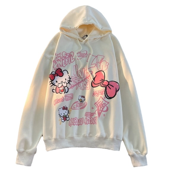 Cartoon KT cat print hooded and fleece hoodie female new loose and look slimmer autumn and winter Kitty cat fleece top female