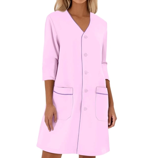 Wdgfv Tuniques Médicales pour Femmes, Manches Courtes Portefeuille, Col en V, Robe d'Uniforme de Travail pour Infirmière, Longueur Genou, Robes Décontractées avec Poches