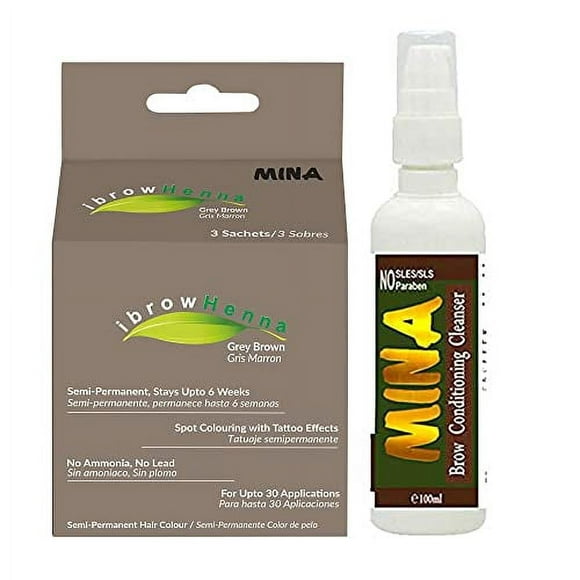 MINA ibrow Henna Semi Permanent Kit Regular Pack with cleanser For Professional coloring, covers gray Hair, Stays up to 6 Weeks-(30 applications)(grey Brown)