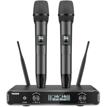 TONOR Dual Wireless Microphone Systems, UHF Cordless Karaoke Microfono Set, Metal Handheld Dynamic Mic 200ft for Singing with Receiver for Karaoke, DJ Party, Church, Wedding, Speech, PA TW450 Grey