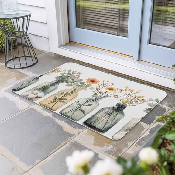 Eucalyptus Flower Door Mat Indoor Outdoor, Orange Floral Sage Green Leaf Daisy Non Slip Welcome Mat with Rubber Backing, Absorbent Fabric Front Door Mats Entryway Rug for Home Patio Entrance 16"x24"