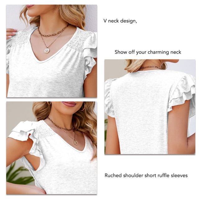 Top de verano para mujer, cuello en V, hombros fruncidos, manga corta con volantes, Tops básicos sueltos informales elegantes, Blanco XL