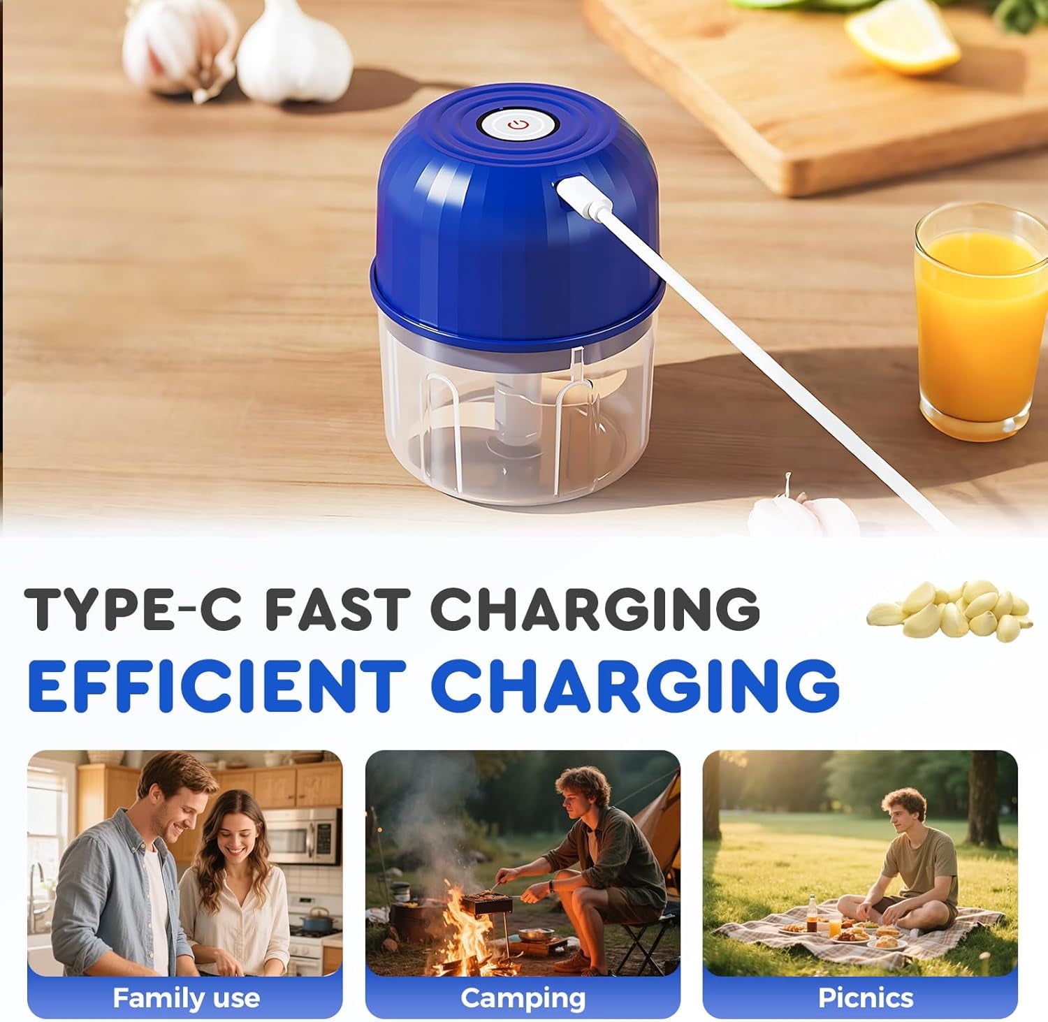 ABPETE Electric Garlic Chopper, Cordless Multifunctional Mini Electric Garlic Chopper, Upgrade Electric Food Chopper Garlic Crusher Portable Wireless Food Processor for Garlic, Onion (Navy)