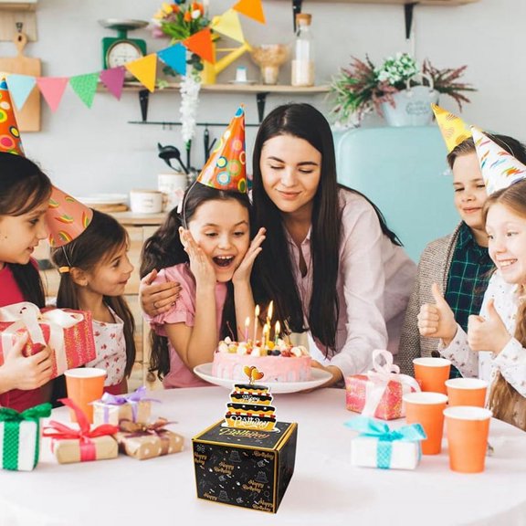 Happy Birthday Money Box for Cash Gift Pull, Box with Cake Card for Friends and Family,Black Gold
