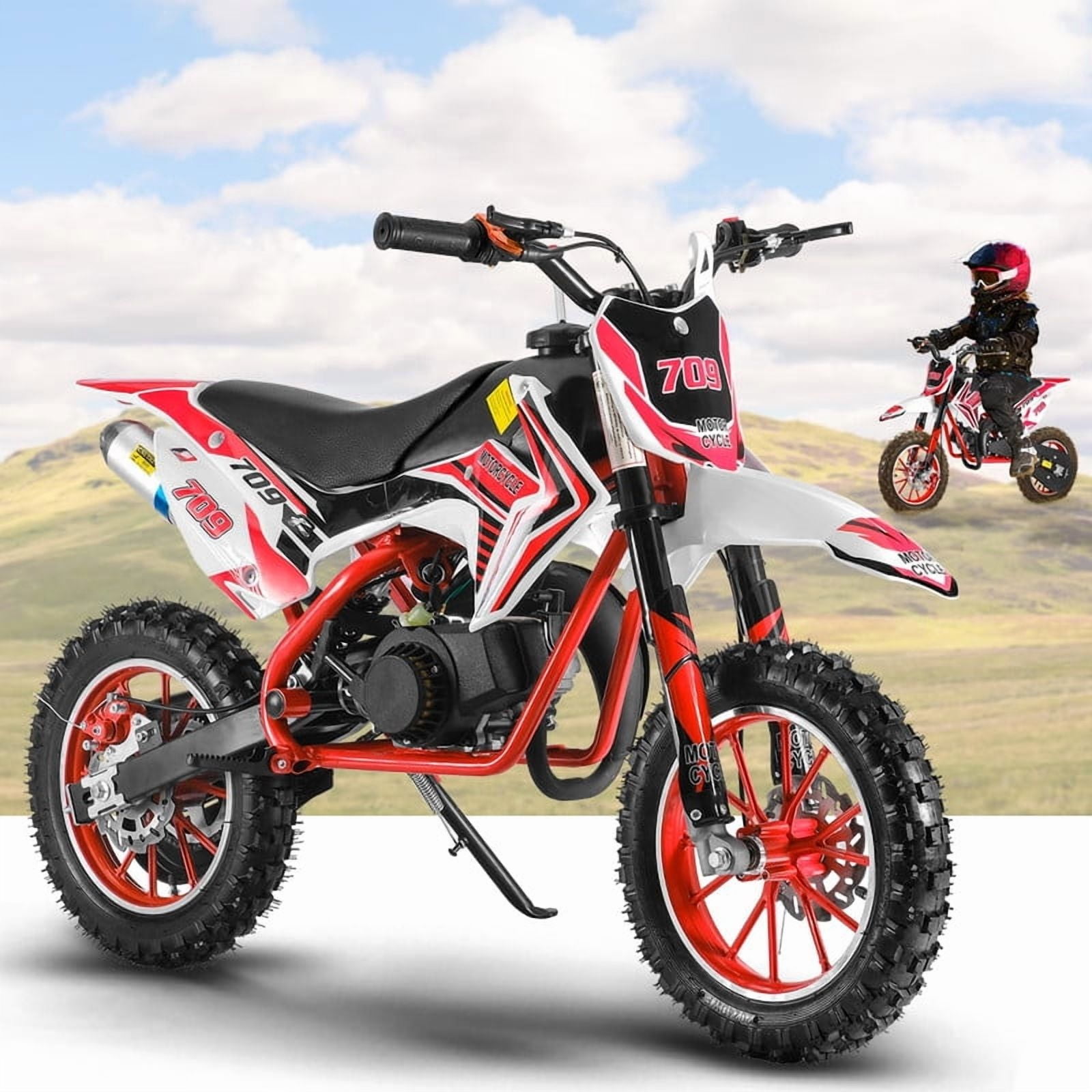 49cc Kids Dirt Bike, 2-Stroke Gas Power Motocross, Off Road Mini Motorcycle, Children Pocket Motorbike with Front Rear Disc Brakes & Handlebar Switch & Off-Road Tires