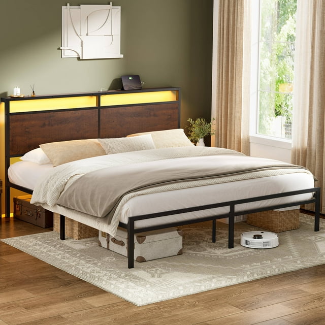 GUNAITO King Size Bed Frame with Wooden Headboard Metal Platform Bed Frame with LED Lights Charging Station Rustic Brown