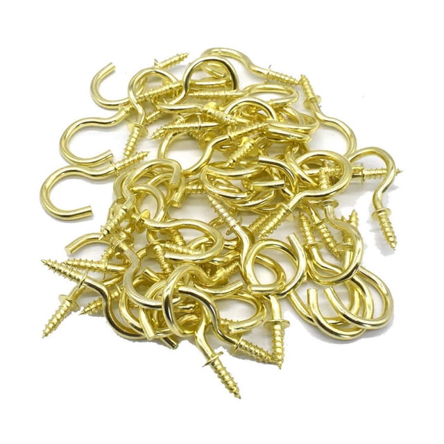 7/8 Inch Brass Screw Hooks with 50 Metal Ceiling Mounts for Durable Hanging Applications.