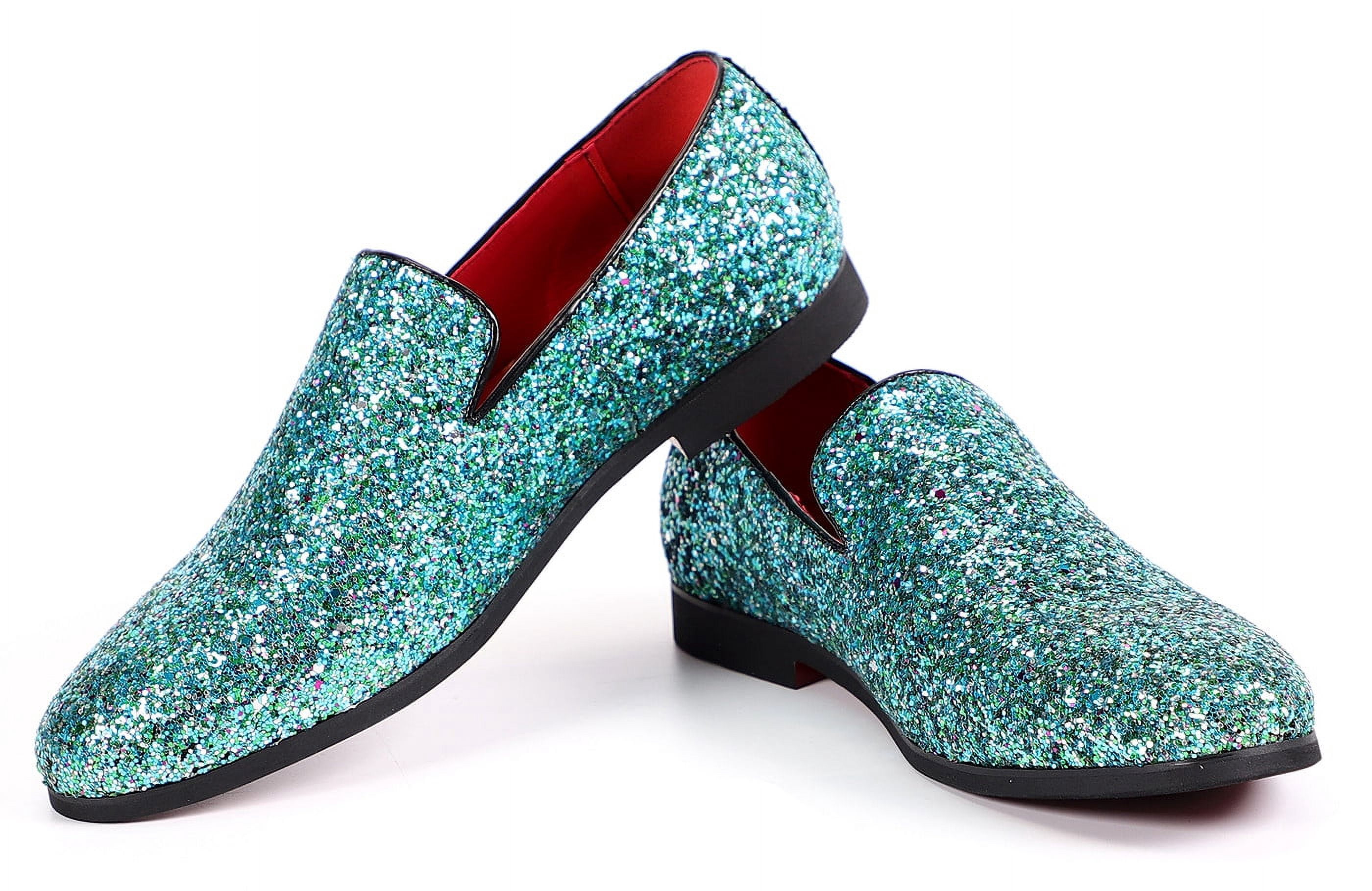 Men\'s Cyan Leather Glitter Sparkly Loafers Slip On Tuxedo Formal Events Shoes Amazon.com | Men main image 2