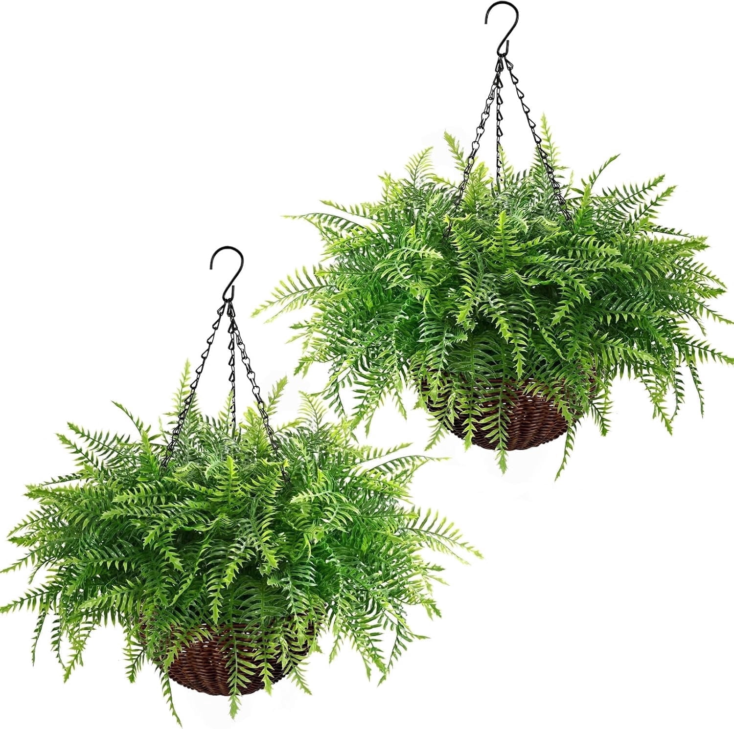 Yastouay Artificial Hanging Ferns Fake Boston Ferns with Basket Outdoor Faux Plants for Home Garden Porch Decor,2 Pcs