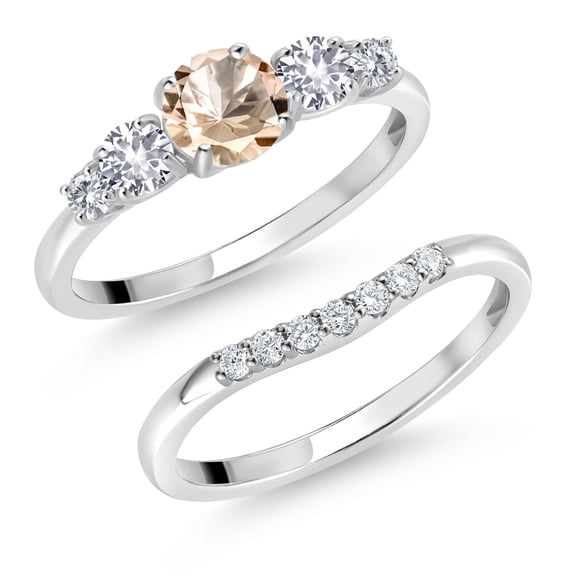 Gem Stone King 10K White Gold Peach Morganite White Created Sapphire and White Lab Grown Diamond 5 Stone Bridal Engagement Wedding Ring Set for Women (0.77 Cttw, Round: 5MM and 3MM, Size 5)