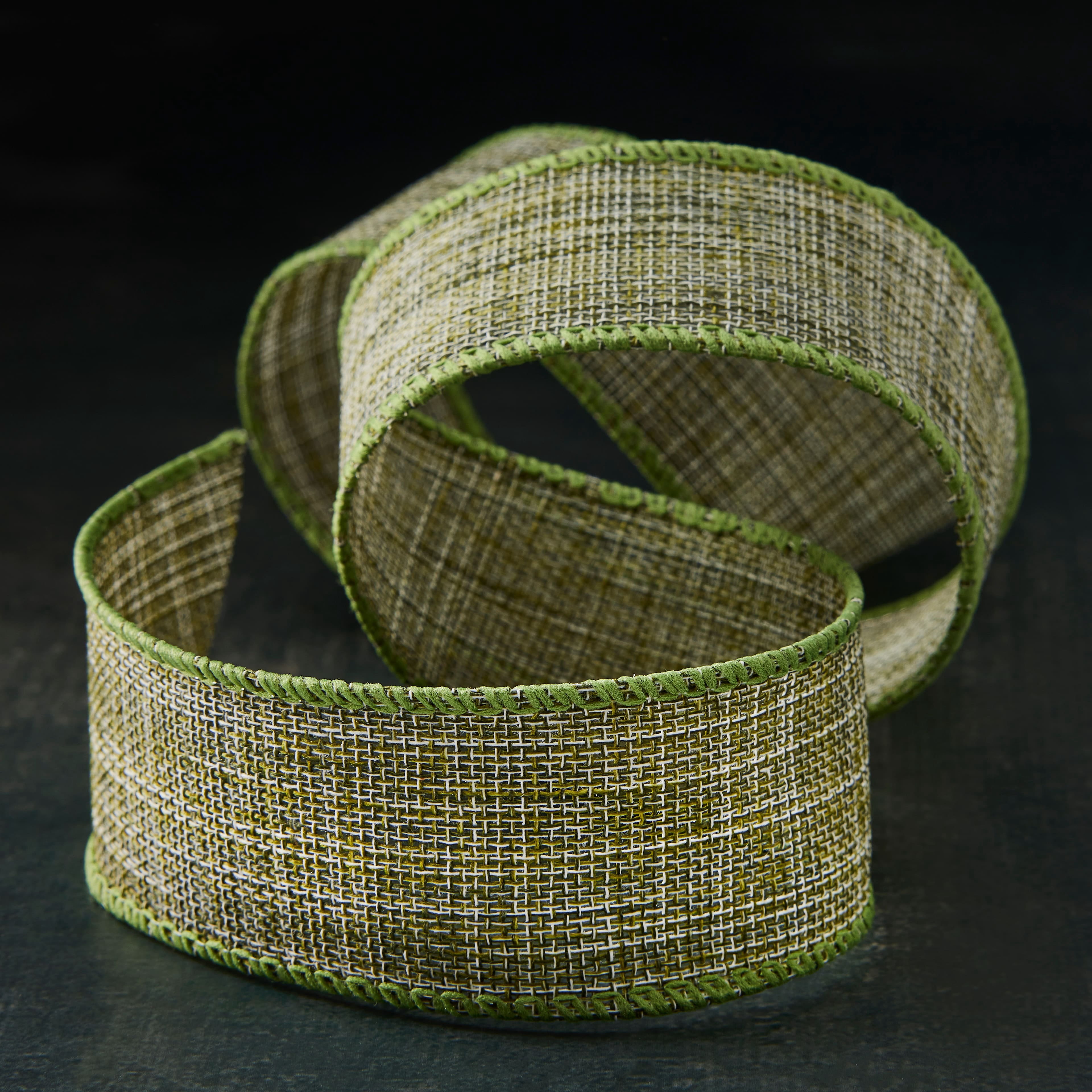 1.5" x 3yd Moss Green Wired Woven Ribbon Rolls by Celebrate It – Decorative Polyester Ribbon with Sewn Selvage for Crafts - Gift Wrapping - and Holiday Decor