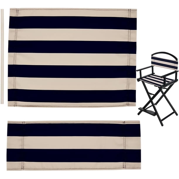 1 juego de funda de repuesto para silla de director, funda de lona para asiento, funda de lona clásica con rayas azules y beige y blancas, kit de asiento y respaldo con palo de madera
