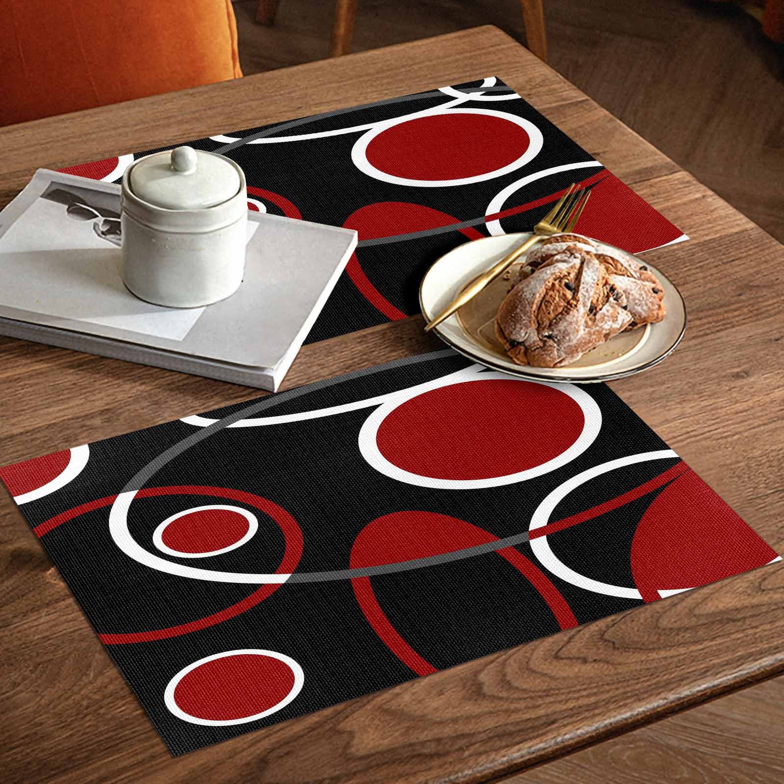 Placemats Set of 4, Black Red Circle Placemats Set of 4, Geometri Stripe Lines Abstract Art Tablemats Placemat Table Decoration for Kitchen Table Dinner Party Home Decor Indoor Outdoor 13x19 Inch