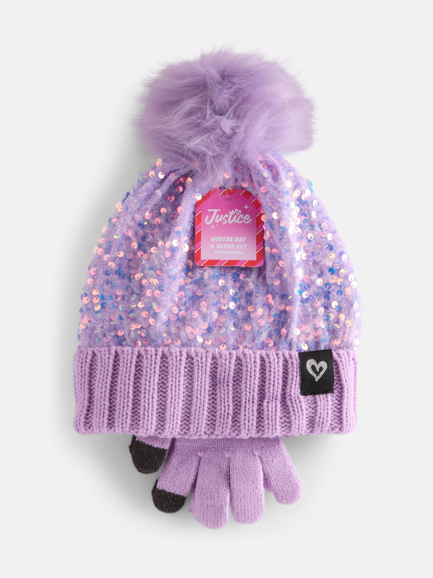Justice Girls Velvet Sequin Hat and Glove Set, Purple