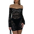 thumbnail image 2 of Opperiaya Robe en Dentelle à Épaules Dénudées pour Femmes Mode Manches Longues Transparente Mini Robe Moulante Tenue de Boîte de Nuit, 2 of 9
