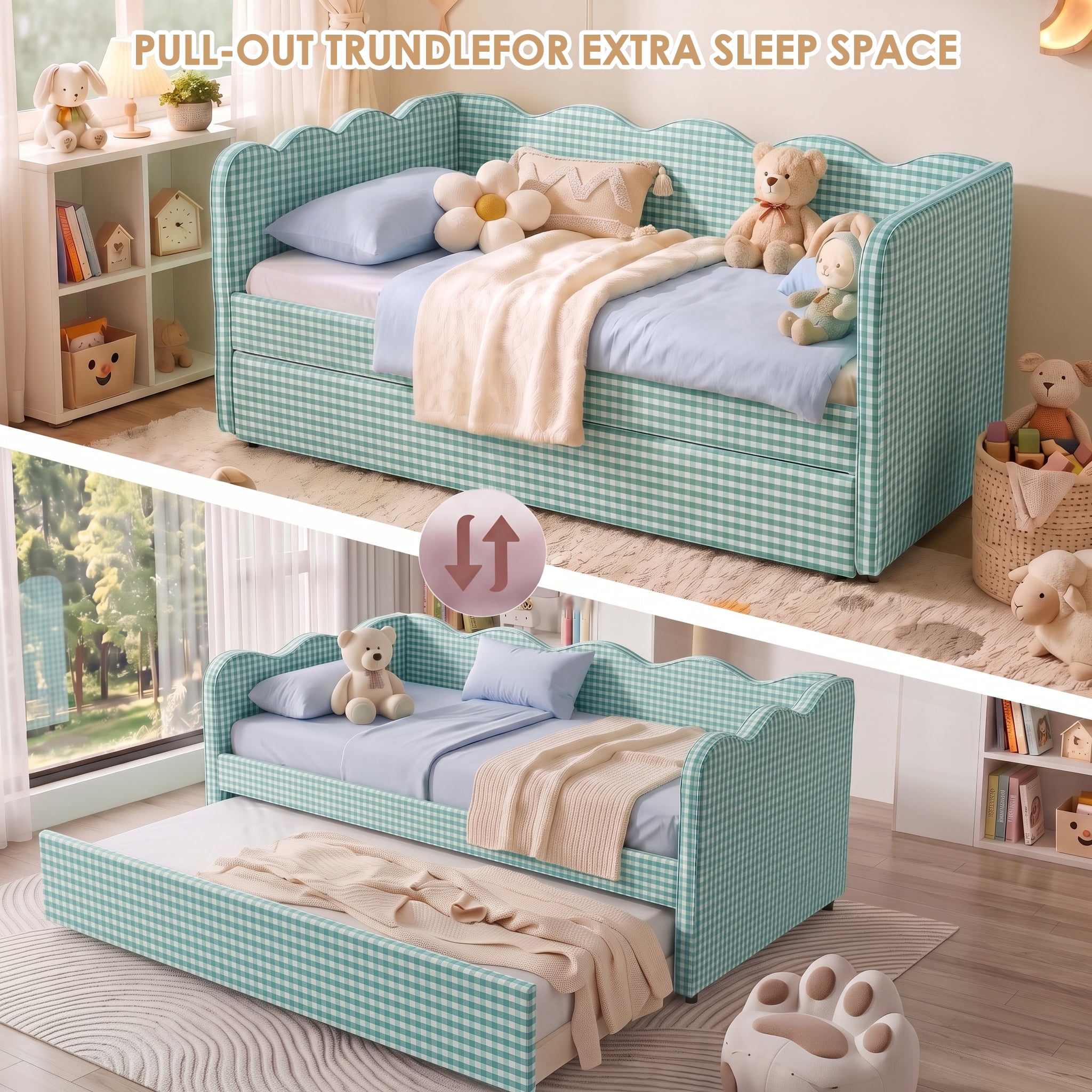 avobird Cozy Gingham Daybed with Trundle Queen Size Sofa Bed for Living Room, Sleeper Sofa with USB Port and Adorable Wave Shaped, Linen Fabric, Cyan