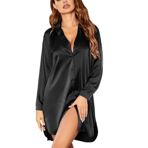 Ekouaer Satin Nightgowns for Women Button Up Sleep Shirt Winter Ladies Nightshirts Notch Collar Night Shirt