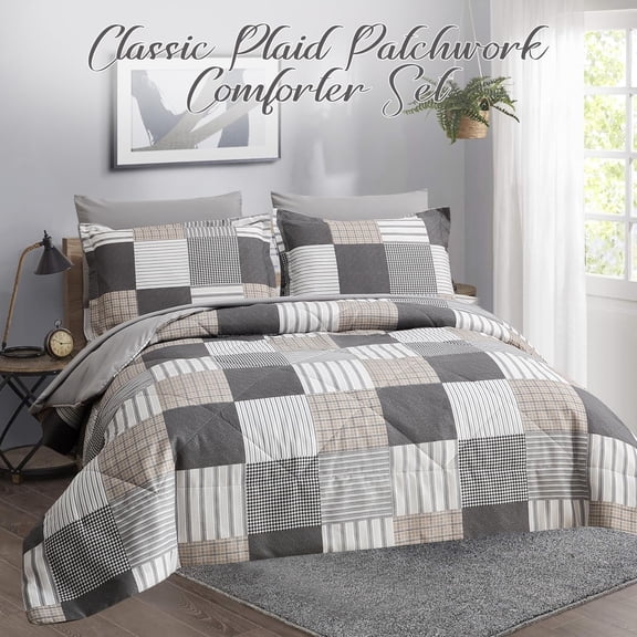 Queen Size Plaid Patchwork Comforter Set - 7 Piece Bed in a Bag, Soft Fluffy Reversible Microfiber Bedding Collection with Fitted Sheet, Flat Sheet, Pillowcases & Shams