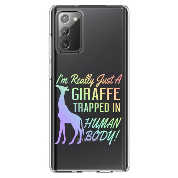 DistinctInk Clear Shockproof Hybrid Case for Samsung Galaxy Note 20 (6.7" Screen) - TPU Bumper Acrylic Back Tempered Glass Screen Protector - Just a Giraffe Trapped in a Human Body