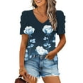 thumbnail image 2 of Olyvenn Women V Neck Top Blouses for Women Short Sleeve Daisy Elegant Floral Graphic Loose Fit Puff Sleeve Summer Fall Shirts 2025 Trendy Navy M, 2 of 5