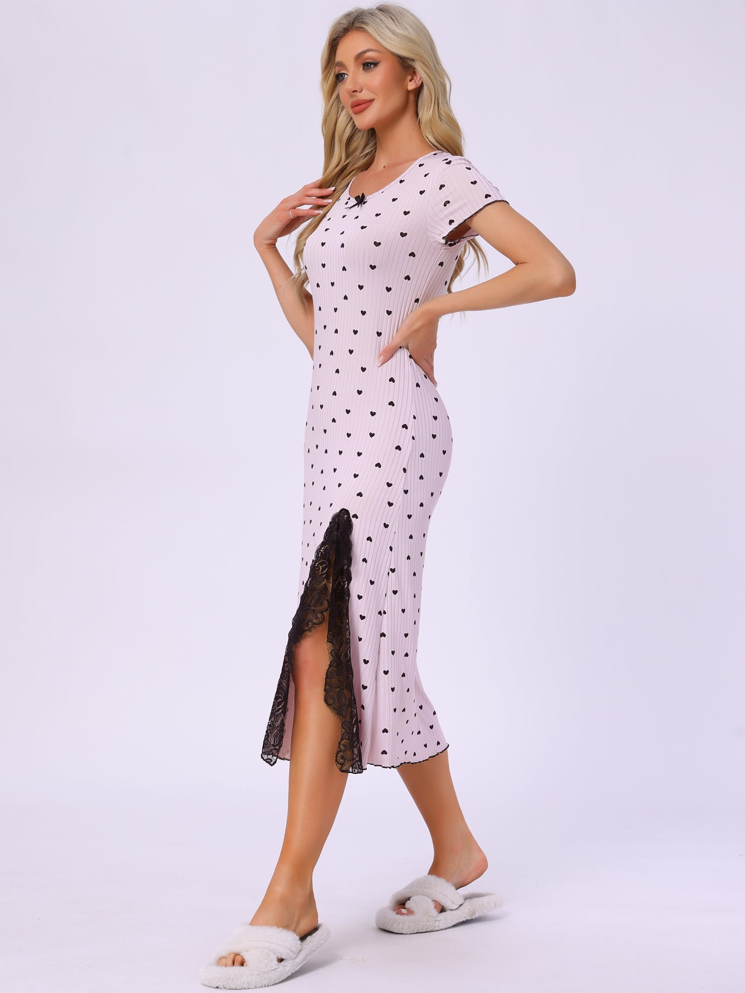 DARING DIVA Women's Short Sleeve Heart Print Lace Trim Ribbed Nightgown S Purple