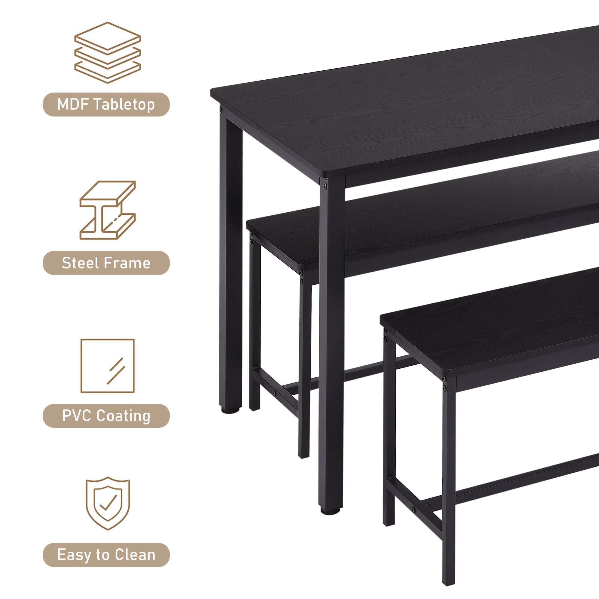 Aukfa Dining Table Set for 4, Rectangular Kitchen Table W/ 2 Benches for Small Space,Black