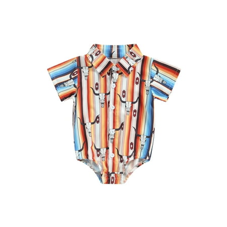 

Blotona Baby Boy Shirt Romper Short Sleeve Cow Print Button Down Lapel Bodysuit Newborn Clothes