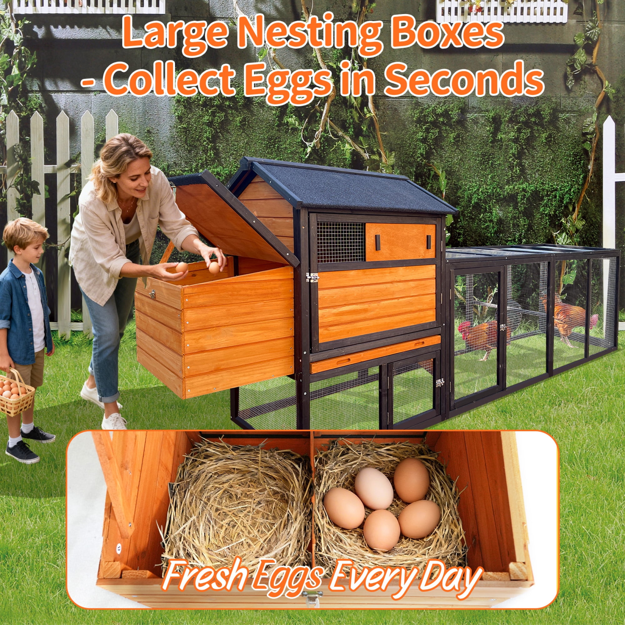 Leumius Wooden Chicken Coop, Large Outdoor Hen House with Run and Nesting Box Poultry Cage, Rabbit Hutch, Waterproof Anti-UV Panel for Backyard Brown+Black