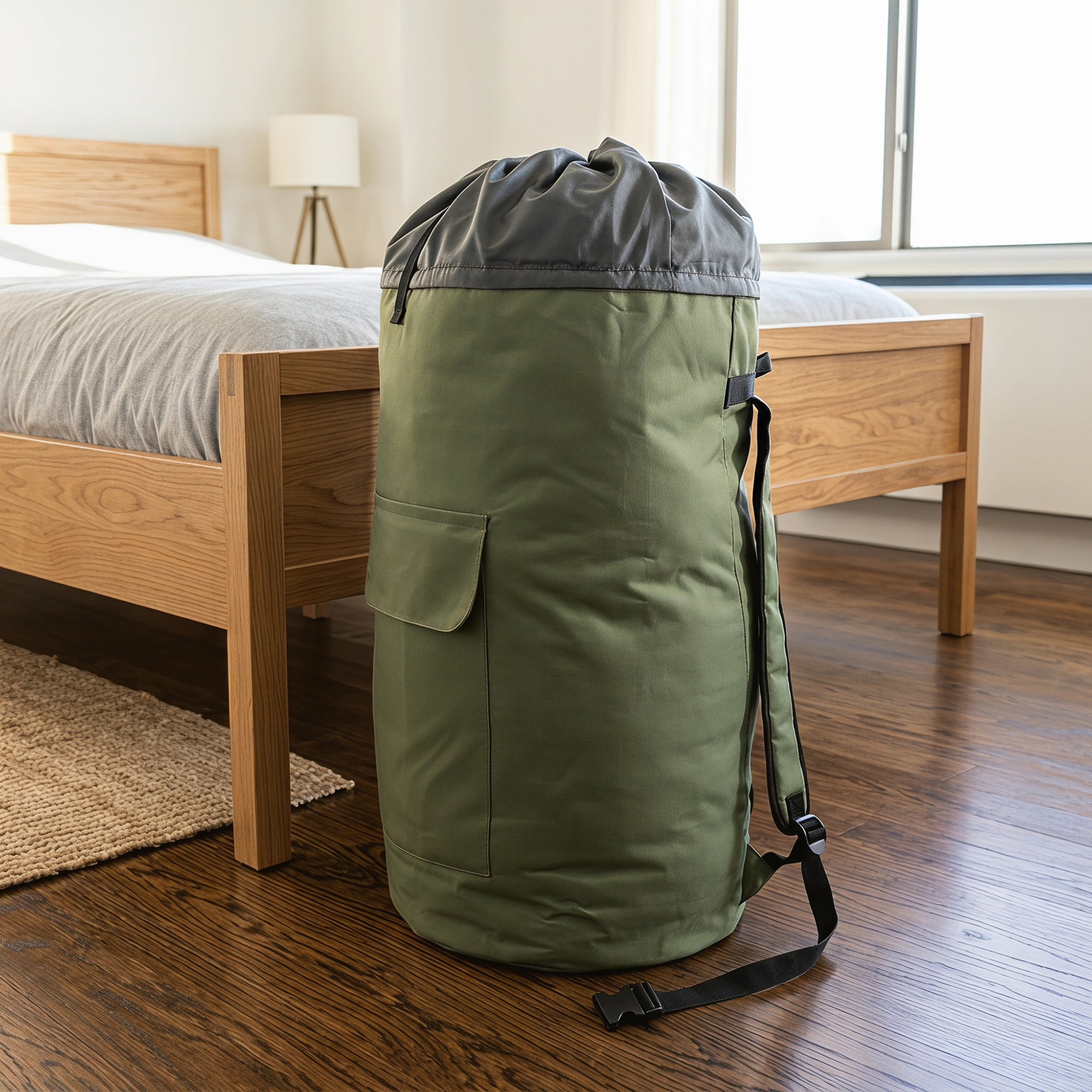 Unique Bargains Laundry Backpack Large Dirty Clothes Hamper Bag with Pocket Green 15"x28"