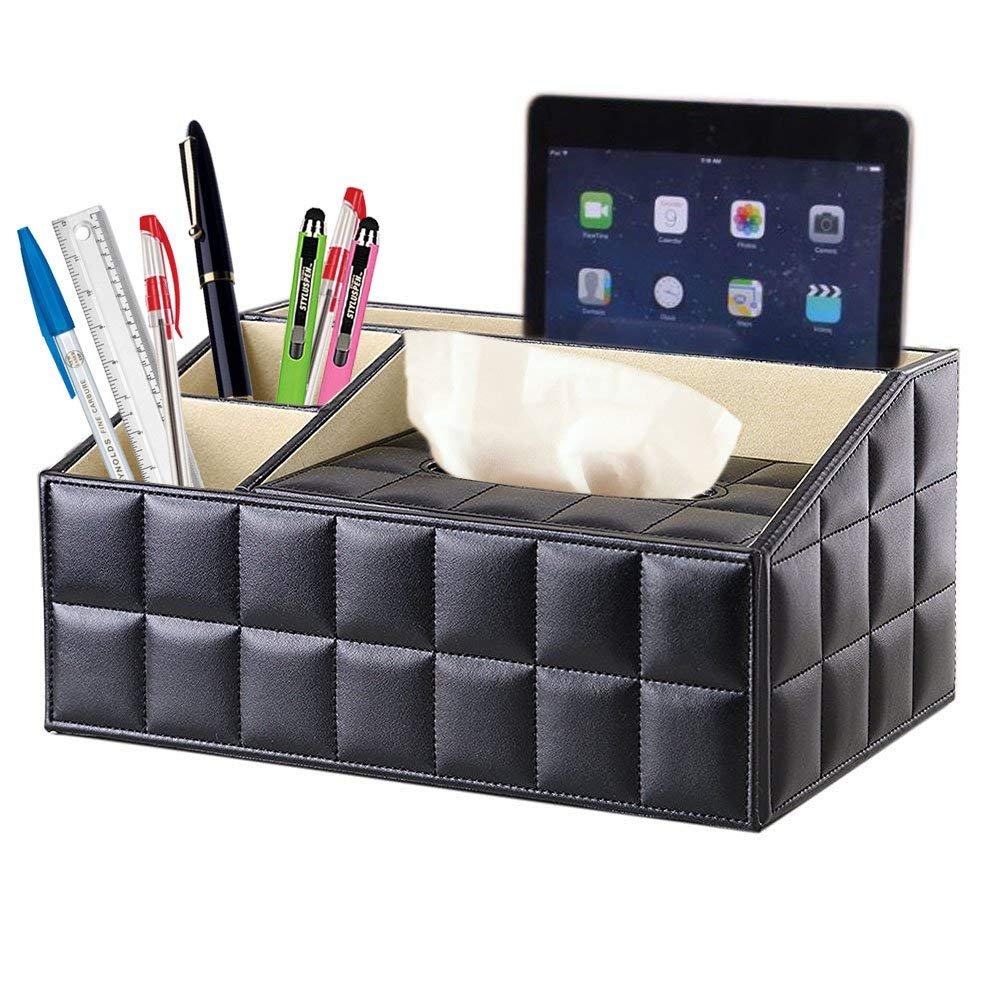 Black Leather Quilted Design Supplies Organizer With Built In Tissue