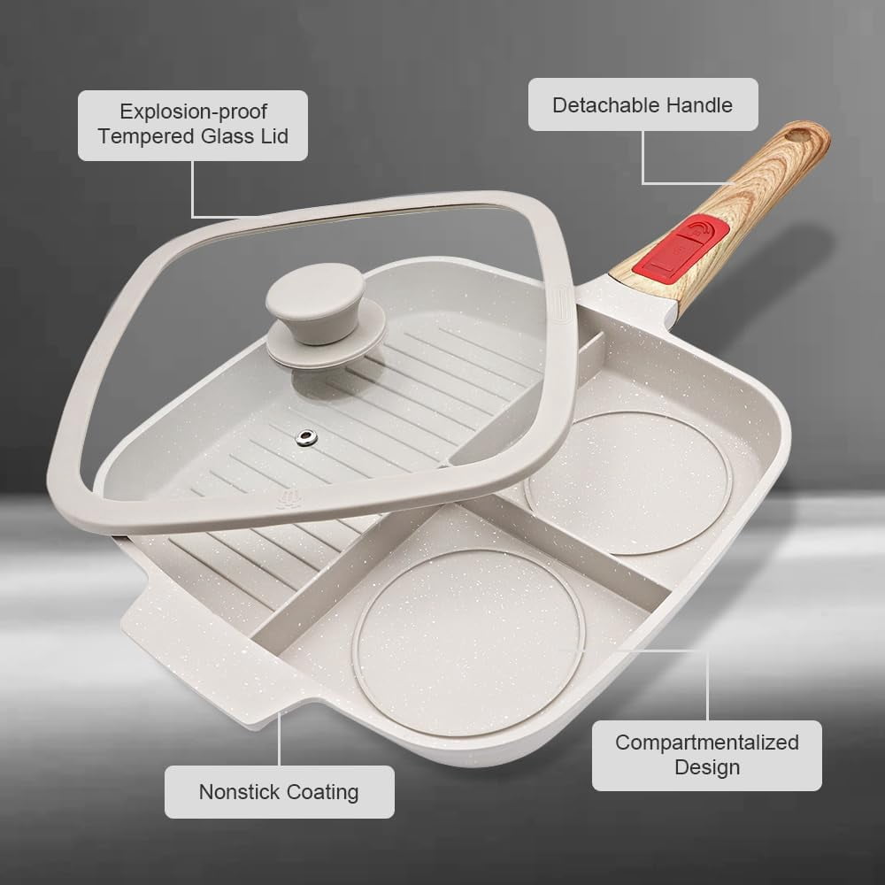 3 Section Nonstick Grill Pan with Detachable Handle, White Square Skillet for Stove Top Cooking