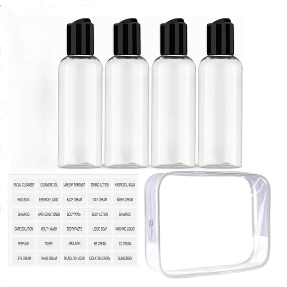 One storage bag and four 3.4 ounce toiletries travel bottles TSA approved leak proof plastic empty travel bottles with labels