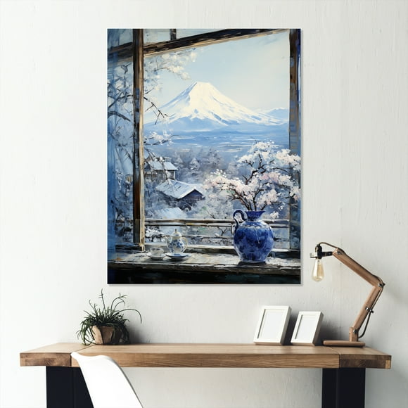 Designart "Mountain View of Mount Fuji in Japan Window II" Japan Metal Wall Art, White Metal Wall Decor, Traditional Metal Art Decor For Entryway - 24x32 Inch