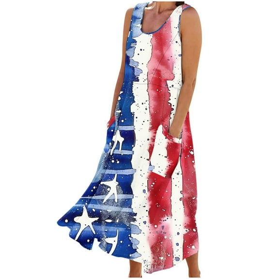 Clean Patriotic Summer Sundress for Women Usa Flag Star Stripe Dresses Round Neck Midi Tank Sundress Light Breathable Beach Dress Elastic High Waist Sun-Dress Beach Party Dress Clothes