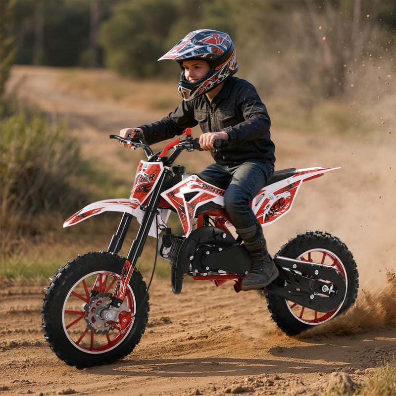 49cc Dirt Bike for Kids, 2-Stroke Mini Dirt Bike, Kids Dirt Bike with Front Rear Disc Brakes, Shock Absorption Mini Motorcycle, Gas Power Motocross Bike, Speeds Up to 40KM/H