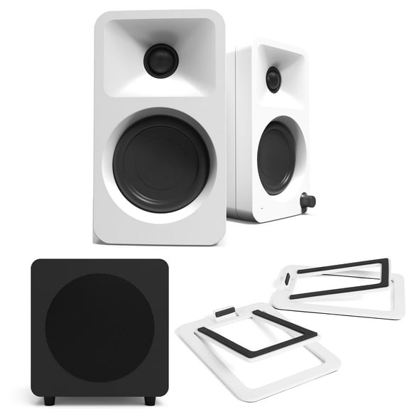 Kanto ORAMW Powered Reference Bluetooth Desktop Speakers with a Kanto SUB8VMB Sealed Powered 8" Subwoofer and Kanto S2W Angled Desktop Speaker Stands for Small Speakers (2024)