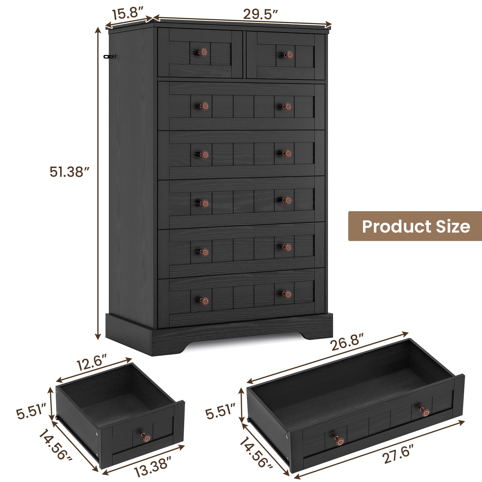 Black Dresser with 7 Drawers for Bedroom Farmhouse 51" Tall Dresser with Wide Drawers and Handles, Wood Storage Cabinet for Living Room