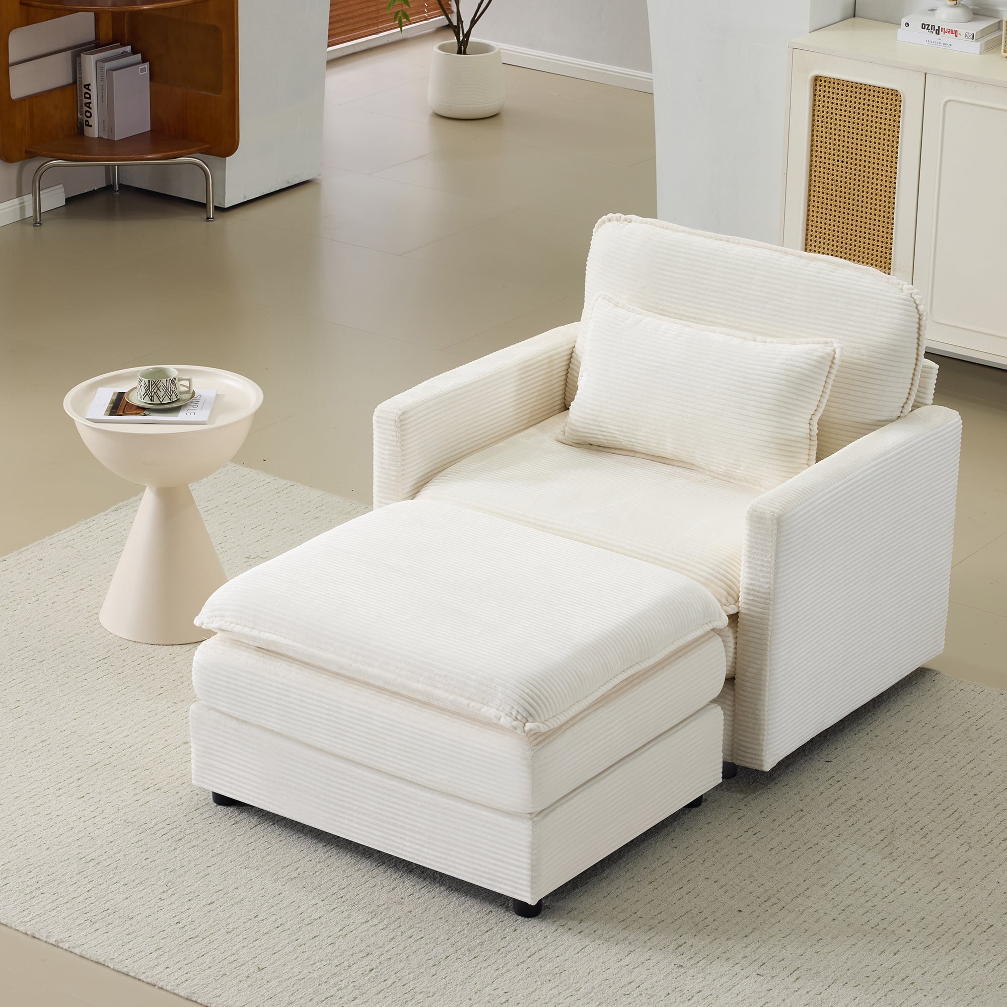 BSHTI 54 inch Corduroy Cloud Sofa, Modular Single Lounge Chair with Ottoman, Modern Living Room Sofa for Living Room, Bedroom, Home Studio (Beige)