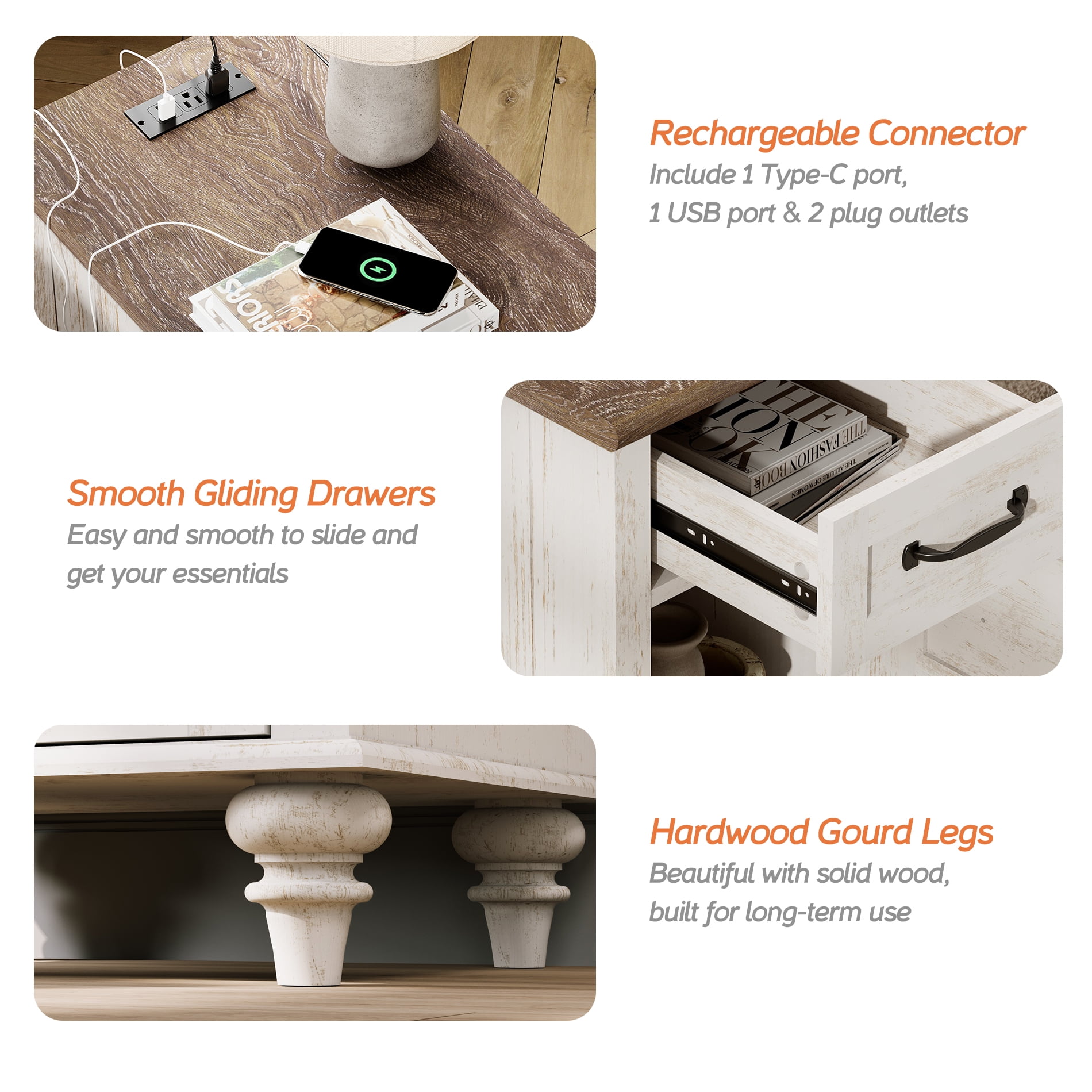 Antique White End Table with Drawer & Cabinet, Wooden Side Table Nightstand with Charging Station for Living Room & Bedroom