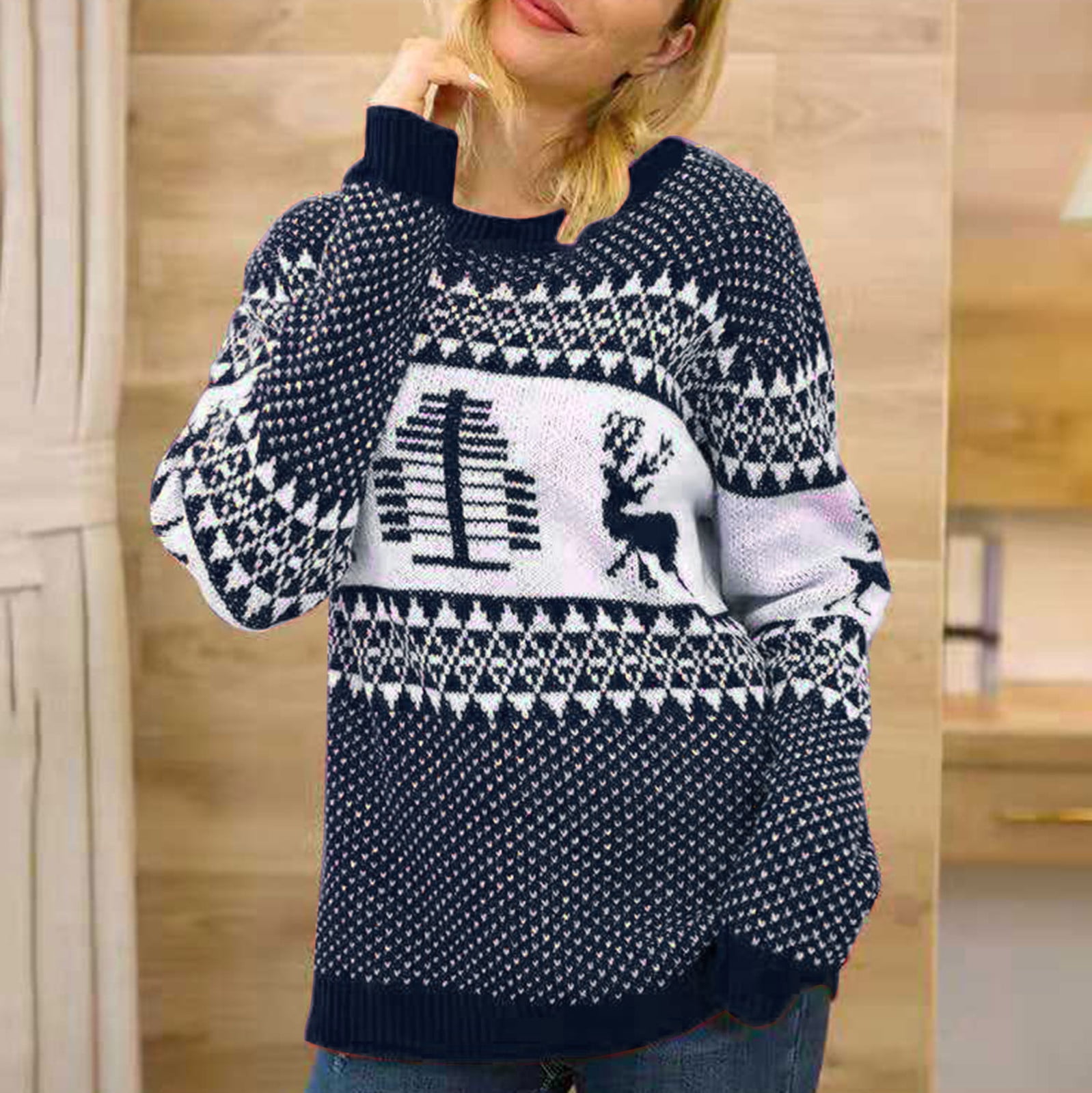 Women Christmas Sweater Long Sleeve O 