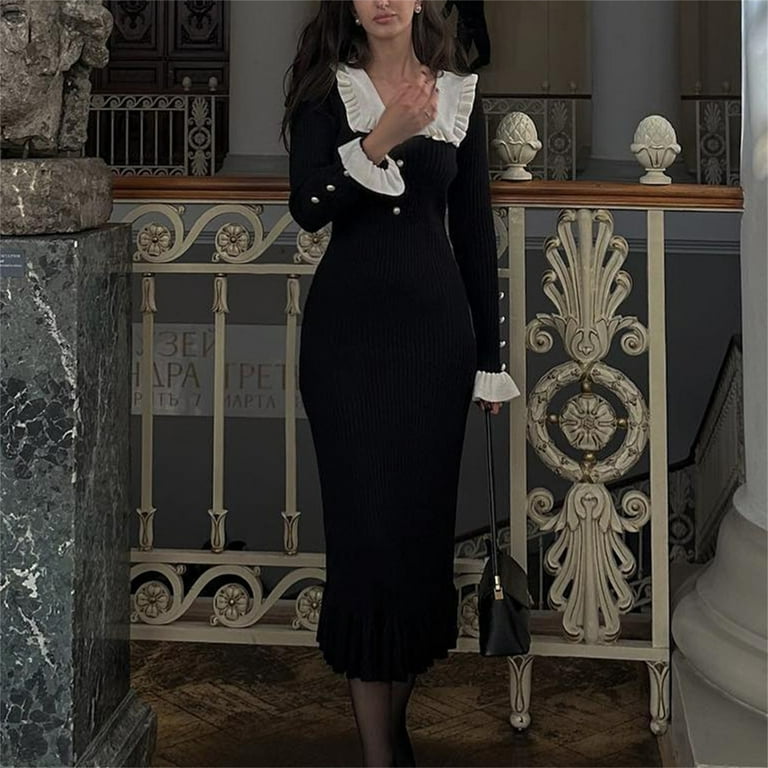 Elegant Women's Black Ribbed Knit Dress with White Ruffle
