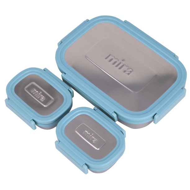 MIRA 20oz Stainless Steel Lunch Container with Two 6oz Snack Containers, Locking Lids, Frost