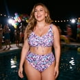 thumbnail image 3 of Agnes Orinda Women's Plus Size Two Piece Bikini Pattern Drawstring Twist Front Push Up High Waisted Shirring Vacation Beach Swimsuit 3X Purple Pink, 3 of 9