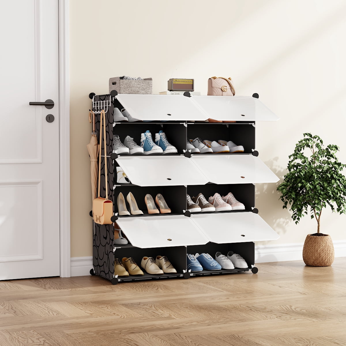 EDX 6-Tier Shoe Rack with Side Hooks, 24-Pair Capacity Sturdy Metal Frame Storage Organizer, White&Black Plastic Panel Shelf for Entryway, Bedroom&Dressing Room(white and black)
