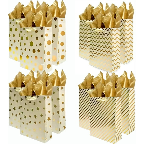 UNIQOOO 12Pcs Metallic Gold Christmas Gift Bags Bulk with 12 Sheets