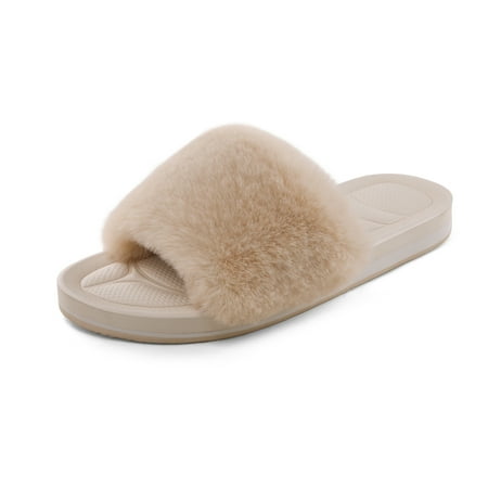 

Dream Pairs Women s Fashion Fuzzy House Slippers Fluffy Fur Open Toe Slides Shoes DSL219W APRICOT Size 8.5