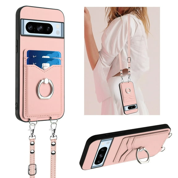for Google Pixel 8 Pro PU Leather Phone Case Cover, Classic Shoulder Strap Card Slots Shockproof Protective Ring Bracket Anti-scratch Ultra Slim Back Case for Google Pixel 8 Pro - Rosegold