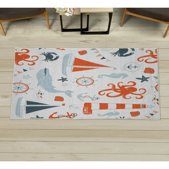 Nautical Decorative Rug, Pastel Colored Composition of Lighthouse Sailboat Fish Shells Octopus, Quality Carpet for Bedroom Dorm and Living Room, 6 Sizes, Burnt Orange and Blue, by Ambesonne