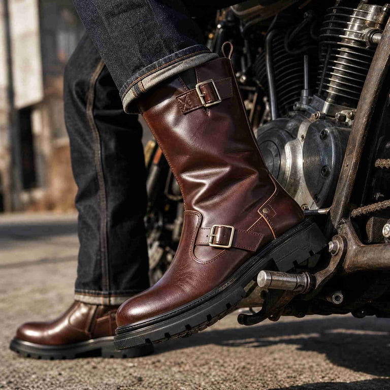 Vintage Engineer Biker Boots for Men, Side Zipper Thick Platform
